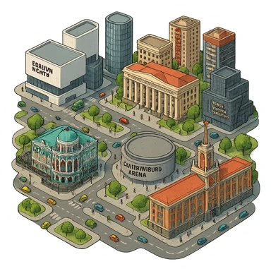 Изометричная миниатюрная фотореалистичная 3D модель Екатеринбурга - Дом Севастьянова, Ельцин-центр, Уральский федеральный университет, дома, Екатеринбург Арена, Штаб-квартира Русской медной компании, Здание Свердловского городского совета народных депутатов, четкие линии, яркие цвета, мультяшный реализм, люди, автотранспорт, компактная композиция, вид сверху в изометрии, прозрачный фон sticker