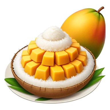 cinematic-realistic-mango-sticky-rice-dessert-emoji,-showcasing-sweet-sticky-rice-paired-with-ripe-mango-slices-and-coconut-milk-rendered-with-lifelike-detail-and-warm,-inviting-lighting sticker
