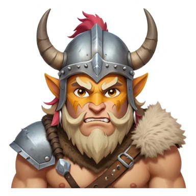 Clash of Clans style: Cinematic Fierce Barbarian Portrait Emoji, Poised and bold with a rugged, cartoonish build in tattered furs and a whimsical horned helmet, bright expressive eyes and a confident smirk, Simplified yet dynamic features, highly detailed, glowing with a vivid, adventurous aura, high shine, heroic and spirited, stylized with an air of medieval warrior charm, focused and energetic, soft glowing outline, capturing the essence of a fearless barbarian adventurer ready to lead his clan with spirited valor! sticker