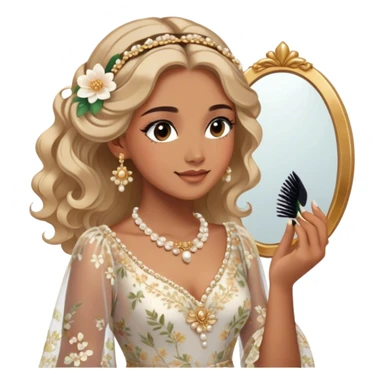  Middle Eastern-inspired moment of a woman getting ready in front of a mirror. She wears a delicate floral dress with sheer, flowy sleeves, accessorized with gold jewelry and traditional pearl-adorned hair clips. Her  as she applies mascara, her reflection revealing a soft smile.  sticker