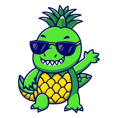 A pineapple with crocodile features - green crocodile legs and tail, crocodile teeth on the pineapple, wearing sunglasses sticker