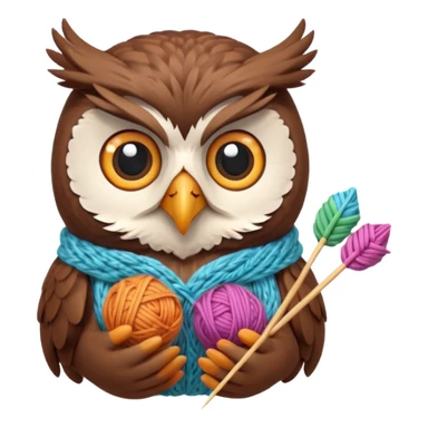 knitting owl portrait, head and shoulders only, cute owl holding knitting needles and yarn, cozy expression, warm handmade vibe, soft feathers, 3D cartoon style, mobile game icon style, clean background, no text, no watermark
 sticker