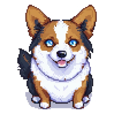 pixel art anthropomorphic corgi, black fur, white underbelly, heterochromia one brown one blue eye, scared look sticker