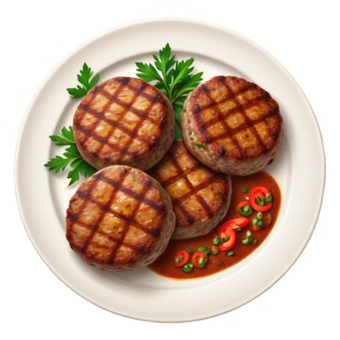 Cinematic Realistic image of Turkish Köfte, presented as perfectly formed, spiced meat patties with detailed textures and subtle grill marks, arranged artfully on a simple plate and illuminated by warm, appetizing lighting that accentuates their savory appeal. sticker