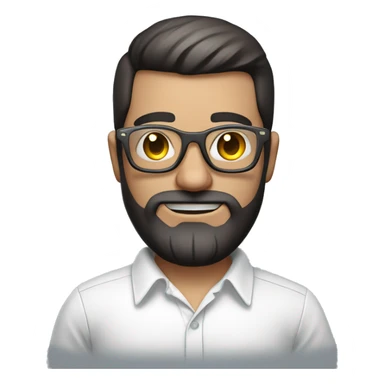 Emoji man with beard holding macbook in hands wearing transparent glasses and shirt, profession - graphic designer. Features: white skin, weight 100 kg, dark hair, age 21 years, earring in left ear sticker