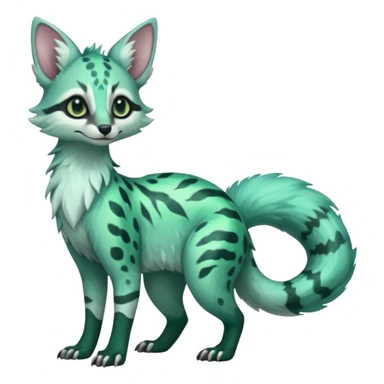 Shiny glossy colorful iridescent Feral Rare Fantasy minty-cyan pastel-seafoam-green Hunter-forest-green  Vernid-Sergal-Genet-Trico-species by LiLaiRa, random markings, tufted tail, tufted ears, full body sticker