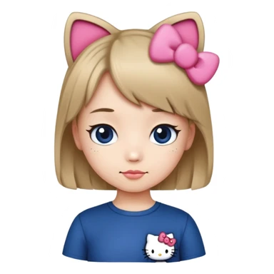 Girl with short dark Blondie hair, Dark BLUE shirt with Hello Kitty custume  sticker