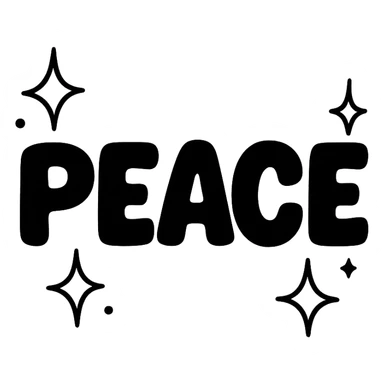 the word 'peace' in bold, playful letters with sparkles, no background sticker