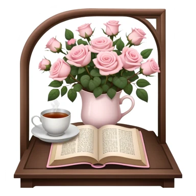 A cozy reading nook with an open book, a steaming cup of tea, and a bouquet of pale pink roses. sticker