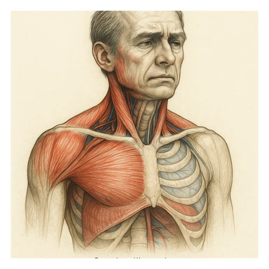 realistic anatomical illustration showing a blocked diaphragm, highlighting overloaded neck and shoulder muscles, detailed style, use colors to distinguish involved areas sticker