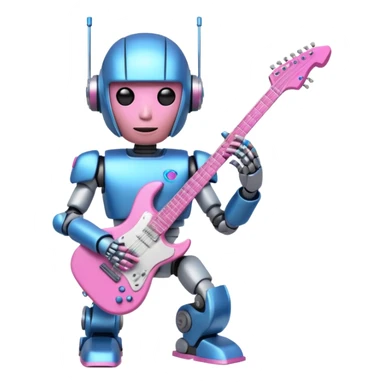 a cyper robot carry her note and electric guitar and try to change the world with pink and bluecolor sticker