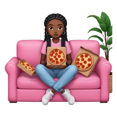 A dark skinned black girl with black box braids with a pizza box, on a pink couch in comfy outfit sticker