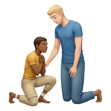 one guy standing up and the other guy is on both of his knees in front of said guy standing up who is loookg down at him and guy on knees is looking up at him sticker