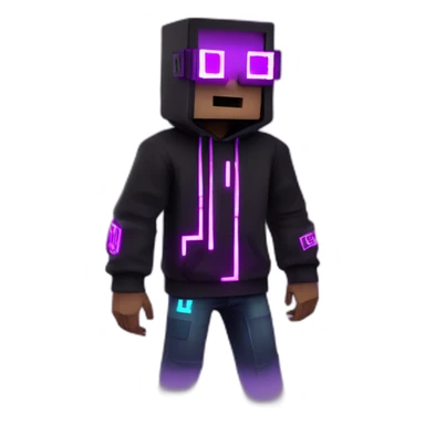 Minecraft steve wearing a black hoodie with "OMG" letters on it and VR headset in a cyberpunk VR environment with violet neon lighting. sticker