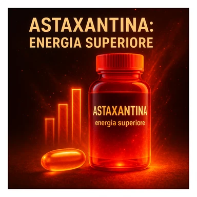 hyper realistic Astaxantina with glow effect, orange and golden capsule, glowing red bottle, bar chart, text 'Astaxantina: energia superiore', energetic atmosphere sticker
