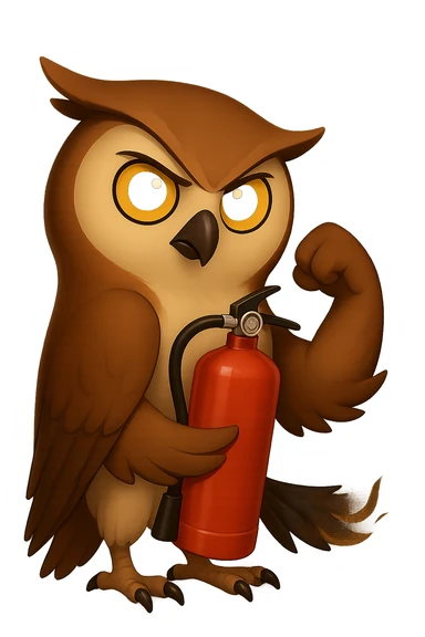 Точно такая же картинка и поза, только в другом крыле сова держит огнетушитель, хвост совы слегка подгорел и от него идет дымок, прозрачный sticker