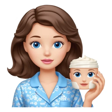 Barbie girl with makeup, blue eyes , and bob long haircut wavy, short brown hair in creamy color pajamas, face cream in hand sticker
