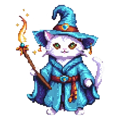 A cat wizard casting a spell with magical staff and flowing robes sticker