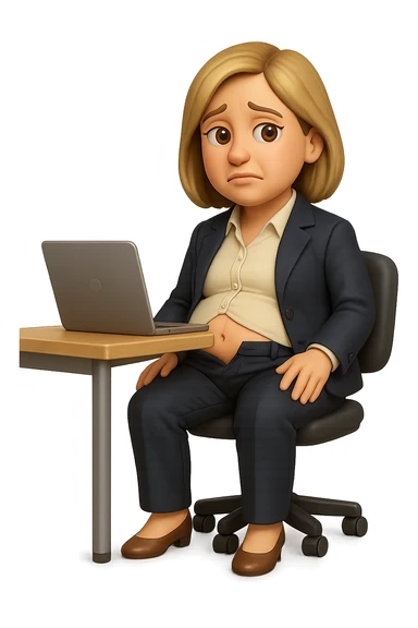 emoji stile iphone di una donna seduta alla scrivania dell'ufficio in completo elegante con i pantaloni sbottonati perché ha la pancia gonfia, falla a corpo intero, iperrealistico 4k sticker