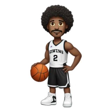 black basketball player with moustache curly hair and headband wearing black and white jersey holding the book sticker