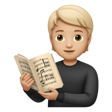 Apple Memoji-style 3D emoji of a composer holding sheet music, soft shading, rounded shapes, no background. sticker