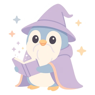 fantasy penguin wizard with long beard, mystical cloak, enchanted book sticker