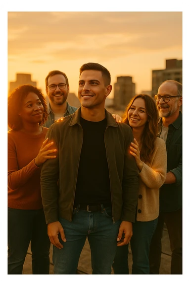 A cinematic scene of a man in his early 30s standing at the center of a sunlit urban rooftop during golden hour, surrounded by a diverse group of supportive, smiling people — friends, mentors, colleagues. They’re standing slightly behind or beside him, hands on his shoulder or gesturing toward him with encouragement. The man looks forward with a confident, inspired expression, body slightly relaxed, as if something inside di lui sta cambiando. The light behind the group forms a halo effect, emphasizing warmth and unity. Subtle visual symbolism: faint glow around their hands and hearts, suggesting their energy is uplifting him. Realistic clothing, modern style — jeans, T-shirts, casual jackets. The mood is inspiring, grounded, and full of potential. Shot in 35mm film style, with rich warm tones, shallow depth of field, and vibrant human detail. sticker