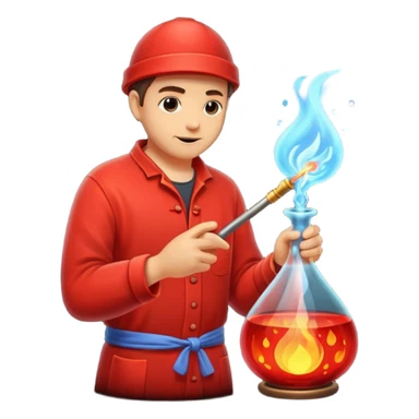 Glassblowing and casting icon, artisan shaping molten glass with a blowpipe, glass being poured into a mold, glowing red-hot glass, delicate patterns, minimalistic style, clean lines, transparent background. sticker