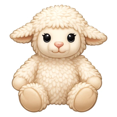 Create an emoji style illustration of this exact lamb stuffed animal. Capture its fluffy texture, big black eyes with lashes, and soft cream color. The lamb should be in a sitting pose with no background. The style should resemble emoji style illustration. sticker