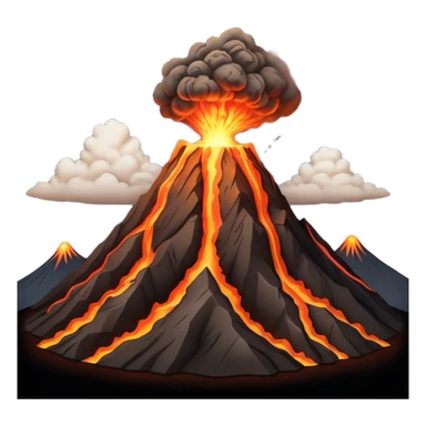 Cinematic Realistic Volcano Emoji, Powerful and awe-inspiring, with molten lava flowing from its jagged, smoking peak, casting an orange glow in the surrounding darkness. The landscape around it is barren and rocky, with clouds of ash rising into the sky. Soft glowing outline, capturing the essence of raw power and fiery energy in a towering volcano. sticker