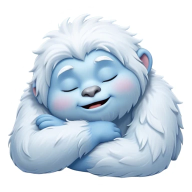 Meme-Worthy Cute Sleeping Yeti Portrait Emoji, with a charming, fluffy, snow-dusted figure in gentle whites and cool blues, head resting in blissful, serene slumber with closed, peaceful eyes and a small, contented smile, simplified yet irresistibly adorable, highly detailed with a soft frosty outline that captures the tender drowsiness of a yeti drifting into snowy dreams! sticker