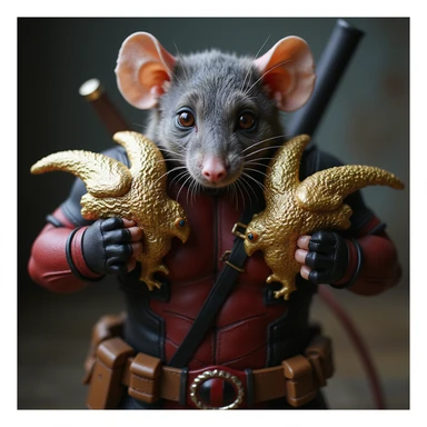 A lifelike rat as Deadpool, gripping two gold Deagles, detailed and realistic style, moody background. sticker
