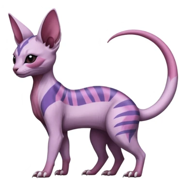 Purple, white, black, Minccino-Nidoran-Sphynx-Lykoi-Linoone-Zangoose-fusion-hybrid-animal-Fakémon-creature, full body, thin long sleek scaly tail, intricate markings sticker