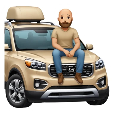 bald man with beard sitting on top of a Kia Mohave SUV sticker