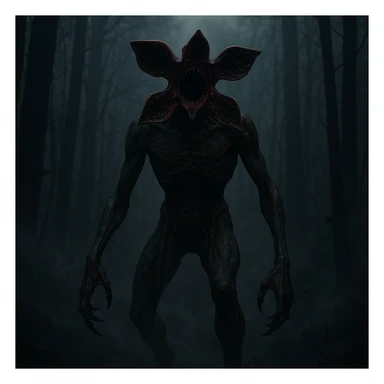 A Demogorgon in a dark, misty forest, inspired by Stranger Things, in a dramatic, cinematic style sticker