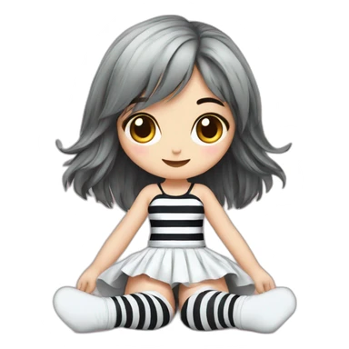 Frontal view curvy emo girl sits white skirt striped stockings hands up sticker
