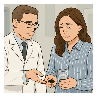 A realistic or illustrative style image of a doctor in a white coat handing medicine to a worried woman holding pills. The background is clinical, inspired by the reference image. sticker