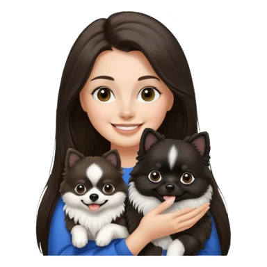 A woman who has brunette long hair is holding a black and white 1 Pomeranian dog who has black face but in the middle he has a white line from the nose sticker
