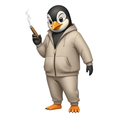 friendly anthropomorphised penguin wearing a mafia-style tracksuit, holding a cigar, secretive scheming pose, angry expression, stomping while walking sticker