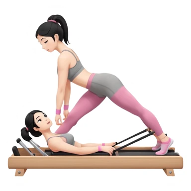 Create a Pilates emoji: a girl with fair skin and black hair, wearing a grey bra and grey leggings with pink pilates socks, on all fours on a wooden reformer. Make it look at the reformer. Make the colors neutrals. sticker