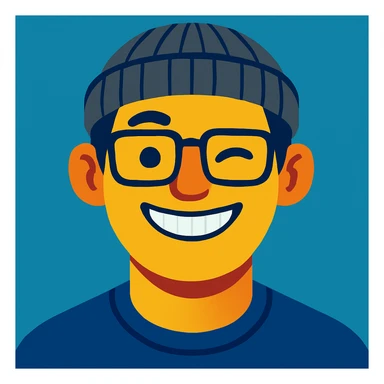Make the beanie grey with black stripes. The guy is smiling, showing upper teeth, keep the clean modern illustration style. sticker