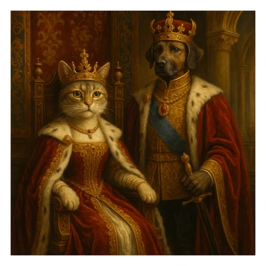 queen cat sitting on throne, king dog standing beside, royal atmosphere sticker