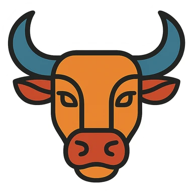 stylized ox head icon, large horns, curved snout, strong jaw, modern icon style sticker