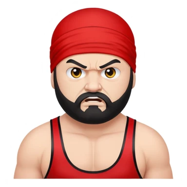 White skin fat guy with black durag, black beard, black eyes in a red and black wrestling singlet with angry face sticker
