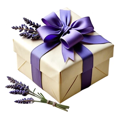 A weathered parchment-wrapped gift, secured with a lavender silk bow, lies nestled among dried sprigs of violet and indigo-hued lavender, their scent mingling with the faint trace of aged paper. A few stray ribbons, in shades of wisteria and dusk, cascade over the edges, whispering of quiet elegance and old-world charm.
 sticker