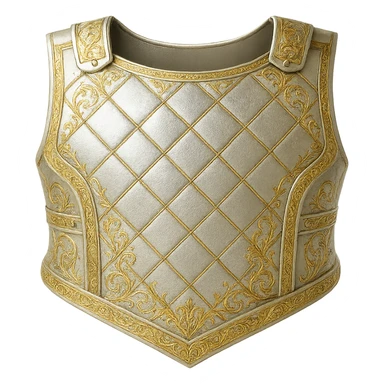 Recolor this armor to a very light metallic silver color with ornate gold engravings. Emphasize a bright, reflective silver finish and detailed gold engravings. Transparent background. sticker