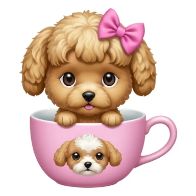 Golden maltipoo dog with pink bow k bow that is very poise make it have a cup of tea sticker