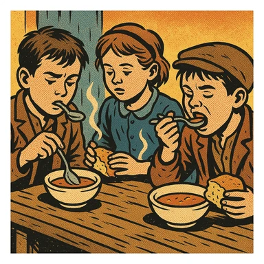 Poor School children in the early 1900s industrial britain sitting down on a wooden table eating their free school meal.  The children are eating hot soup and bread.   sticker