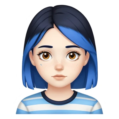 Pale girl with brown eyes and freckles, black hair, with two strips of blue hair sticker