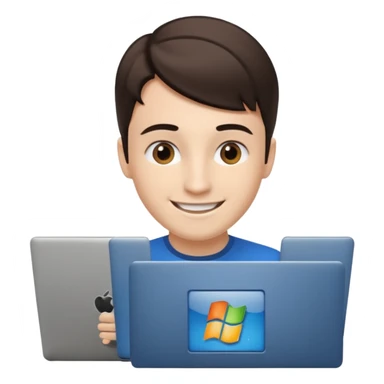a programmer happy with a microsoft logo showing on the laptop screen sticker